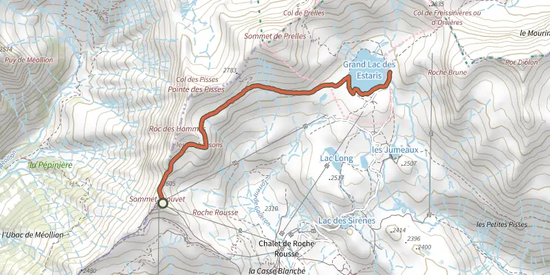 Map of the Le lac des Estaris depuis le sommet du Drouvet track on the IGN map, with the start and numbered waypoints