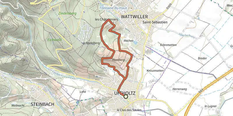 Carte du tracé de Le sentier viticole coteaux du Vieil-Armand sur le Plan IGN, départ et points de passage numérotés