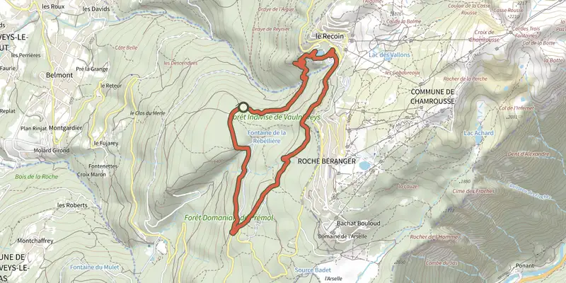 Carte du tracé de Circuit des Fougères sur le Plan IGN, départ et points de passage numérotés