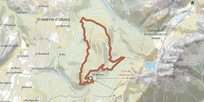 Carte du tracé de Circuit des Cimes sur le Plan IGN, départ et points de passage numérotés