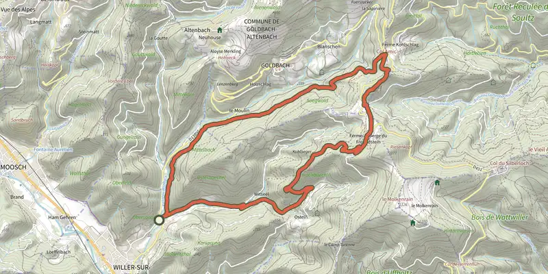 Map of the Circuit du col Amic track on the IGN map, with the start and numbered waypoints