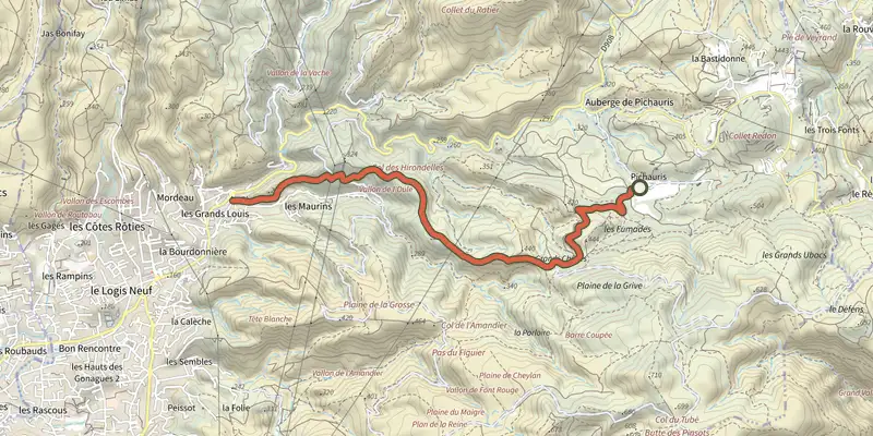 Map of the yellow track on the IGN map, with the start and numbered waypoints