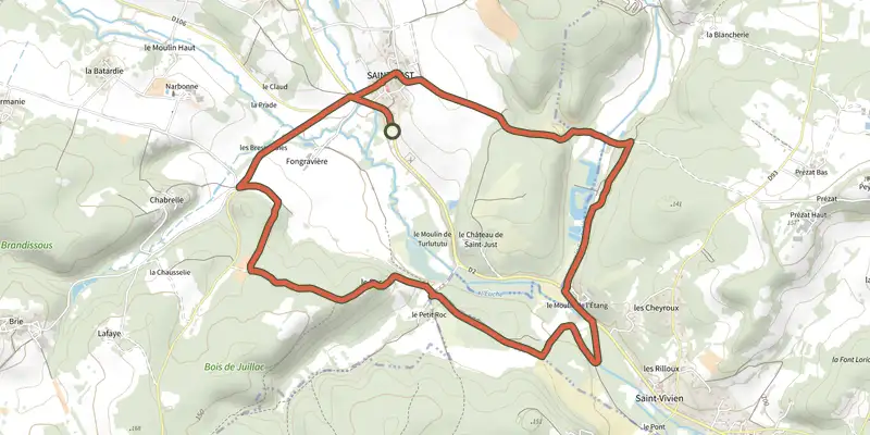 Map of the Boucle de Saint-Just track on the IGN map, with the start and numbered waypoints