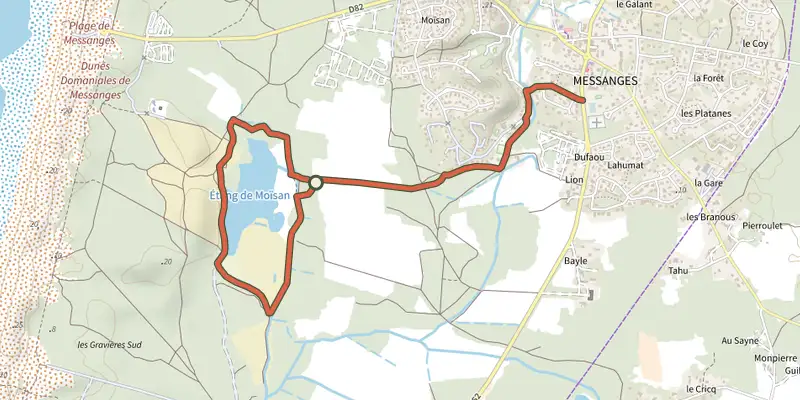 Carte du tracé de Circuit de l'étang de Moïsan sur le Plan IGN, départ et points de passage numérotés