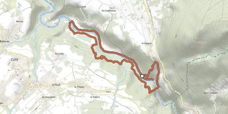 Map of the Boucle du Chaos du Chéran track on the IGN map, with the start and numbered waypoints