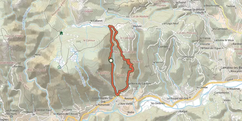 Carte du tracé de Les Gorges de Colombieres sur le Plan IGN, départ et points de passage numérotés