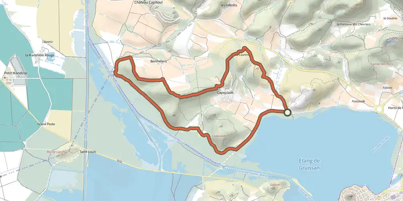 Carte du tracé de La Capoulade sur le Plan IGN, départ et points de passage numérotés