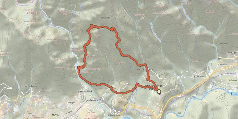 Map of the Les Balcons du Caroux track on the IGN map, with the start and numbered waypoints