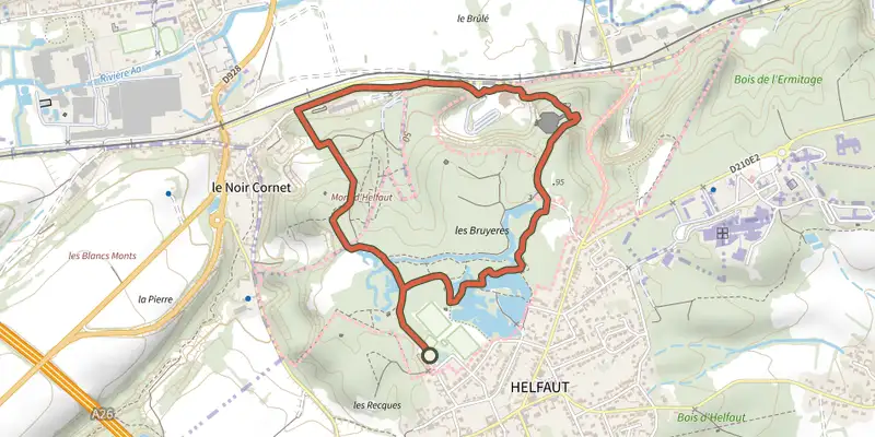 Carte du tracé de Sentier de la Rivière jaune sur le Plan IGN, départ et points de passage numérotés