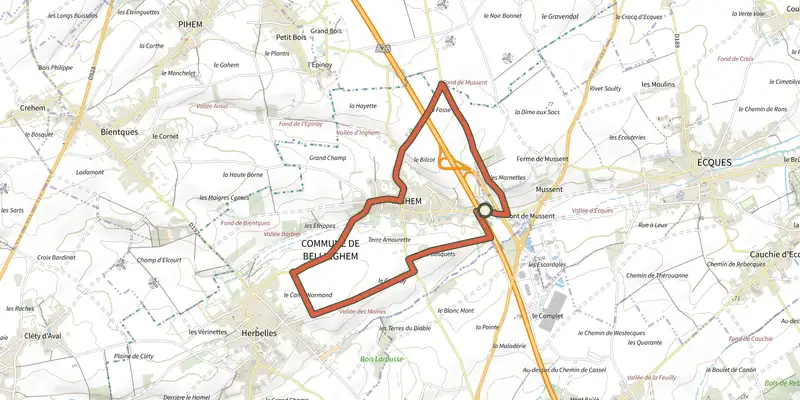Map of the Les Bosquets track on the IGN map, with the start and numbered waypoints