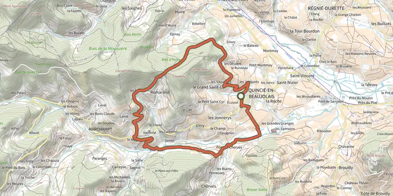 Carte du tracé de Circuit des Trois Châteaux 14 sur le Plan IGN, départ et points de passage numérotés