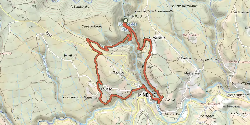 Map of the Cité de Minerve track on the IGN map, with the start and numbered waypoints