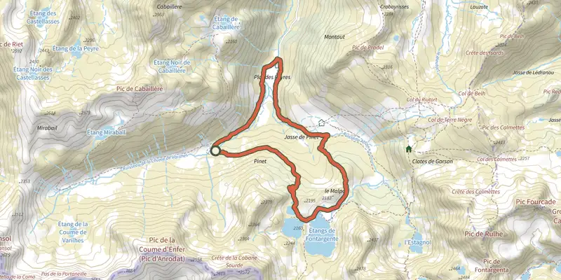 Carte du tracé de Étangs de Fontargente sur le Plan IGN, départ et points de passage numérotés