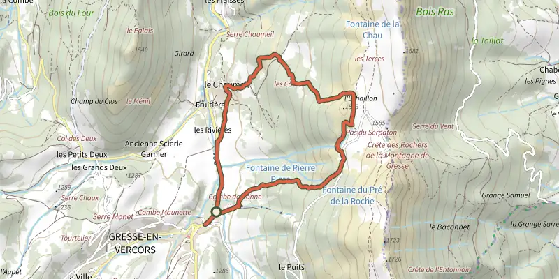 Carte du tracé de Chemin patrimonial de la montagne du Laud sur le Plan IGN, départ et points de passage numérotés