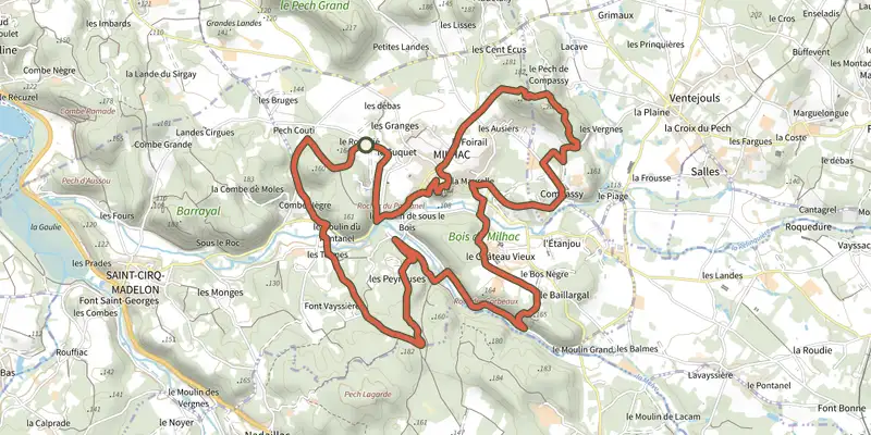Map of the Le Chemin du Pech des Ausiers track on the IGN map, with the start and numbered waypoints