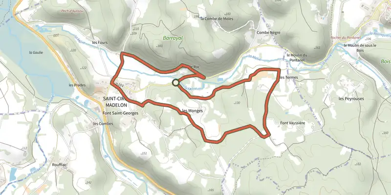 Map of the Le sentier de la falaise track on the IGN map, with the start and numbered waypoints