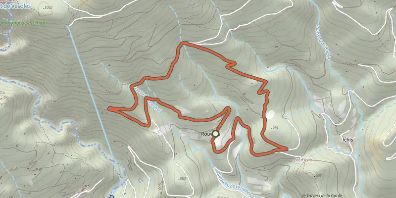 Map of the Chemin de la mémoire track on the IGN map, with the start and numbered waypoints