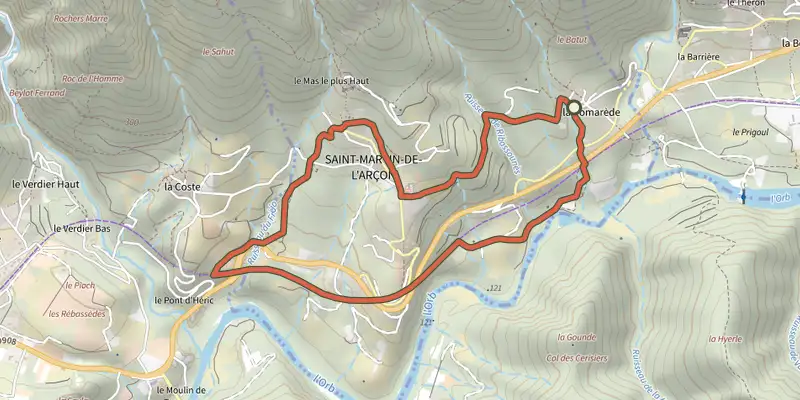 Map of the Les Calades track on the IGN map, with the start and numbered waypoints