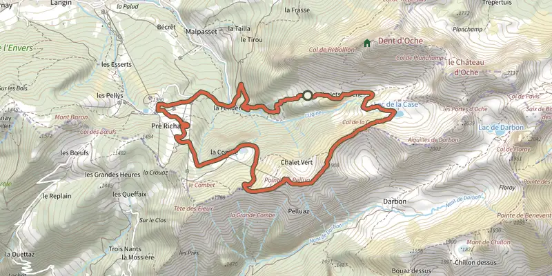 Carte du tracé de Pointe de Pelluaz par Chalets d'Oche sur le Plan IGN, départ et points de passage numérotés