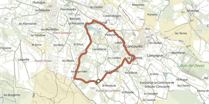 Map of the Lo camin de las dralhas track on the IGN map, with the start and numbered waypoints