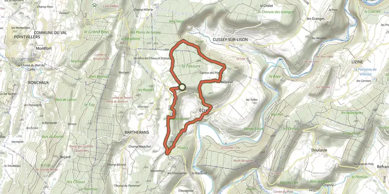 Map of the Les Belvédères du Lison track on the IGN map, with the start and numbered waypoints