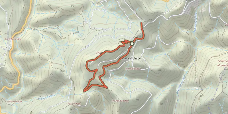 Carte du tracé de Le Malpey (bleu) sur le Plan IGN, départ et points de passage numérotés