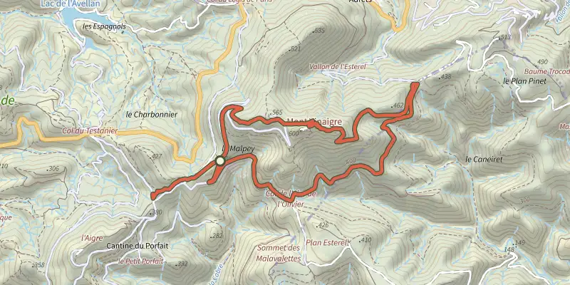 Carte du tracé de Le Malpey (jaune) sur le Plan IGN, départ et points de passage numérotés