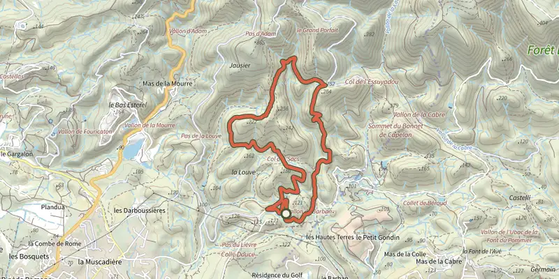 Carte du tracé de La Louve (bleu) sur le Plan IGN, départ et points de passage numérotés