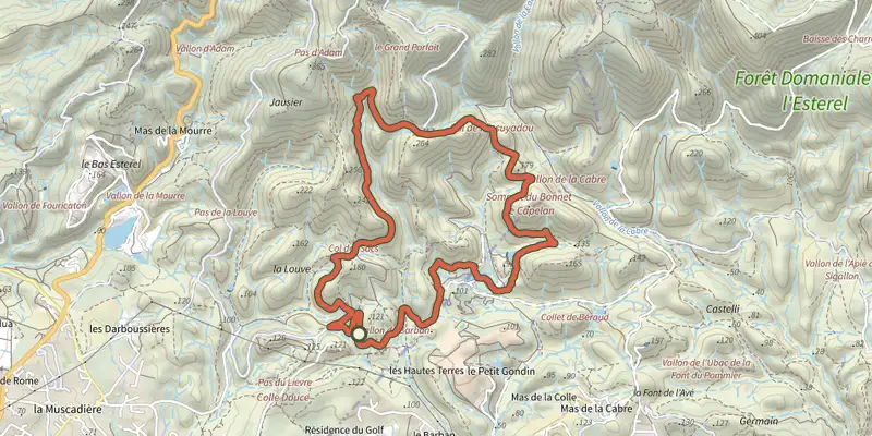 Carte du tracé de La Louve (jaune) sur le Plan IGN, départ et points de passage numérotés