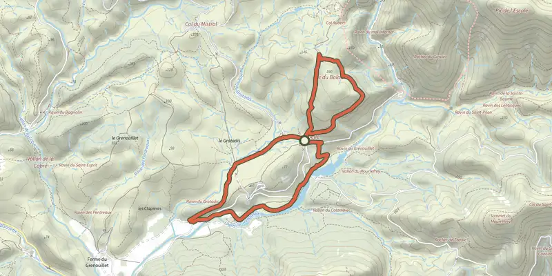 Carte du tracé de Gratadis (bleu) sur le Plan IGN, départ et points de passage numérotés