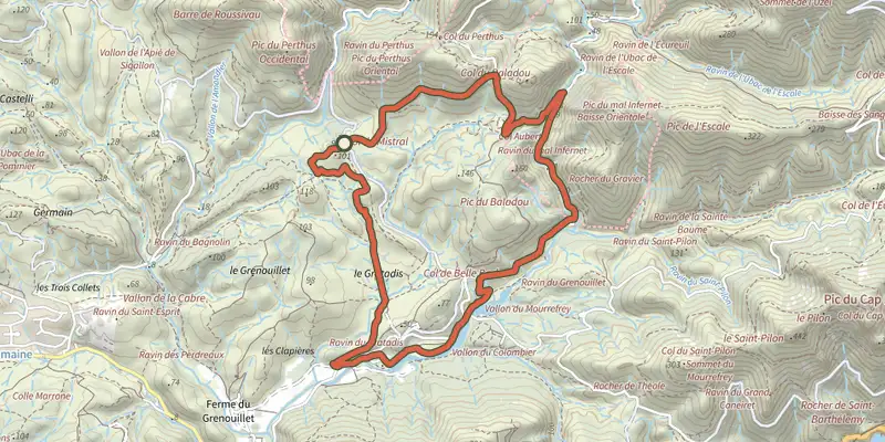 Carte du tracé de Gratadis (jaune) sur le Plan IGN, départ et points de passage numérotés