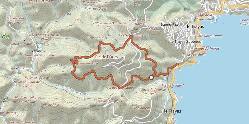Map of the Le Trayas (jaune) track on the IGN map, with the start and numbered waypoints