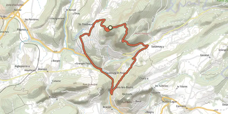 Carte du tracé de Salins les Bains et le Mont Poupet sur le Plan IGN, départ et points de passage numérotés