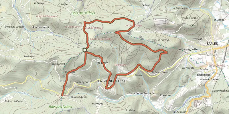 Carte du tracé de Circuit du Haut de Belfays sur le Plan IGN, départ et points de passage numérotés