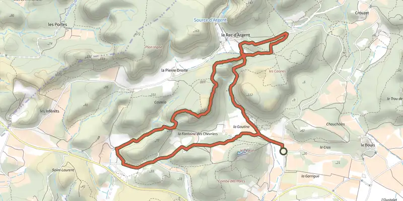 Carte du tracé de La Goutine sur le Plan IGN, départ et points de passage numérotés