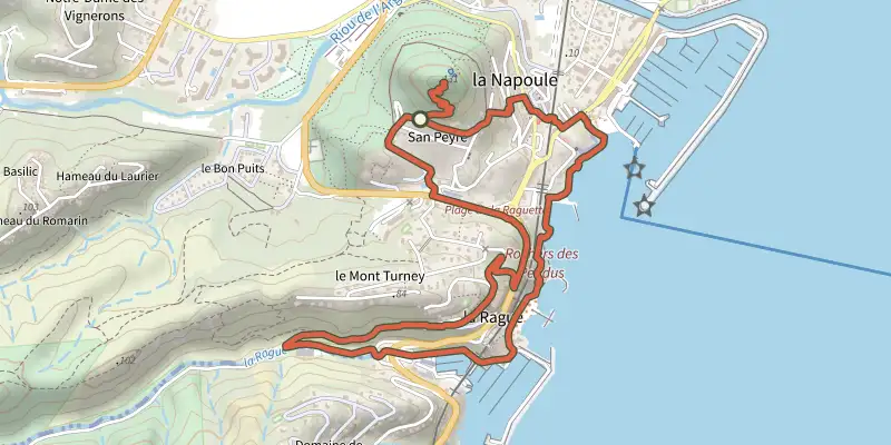 Map of the Châteaux de La Napoule track on the IGN map, with the start and numbered waypoints