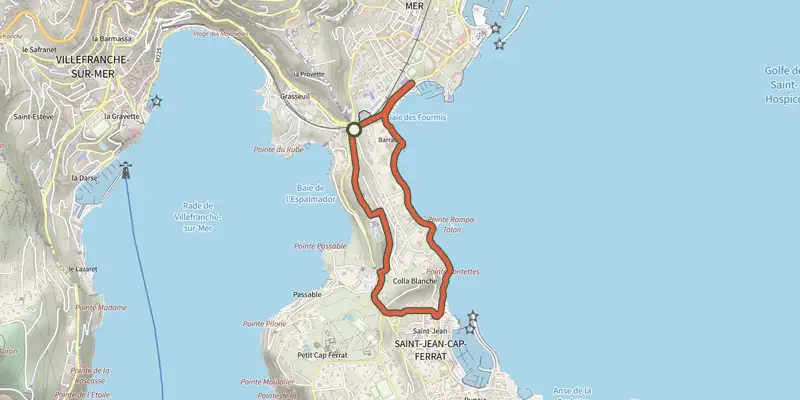 Map of the Isthme de Saint-Jean track on the IGN map, with the start and numbered waypoints