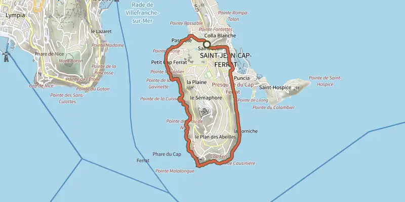 Map of the Tour du cap Ferrat track on the IGN map, with the start and numbered waypoints