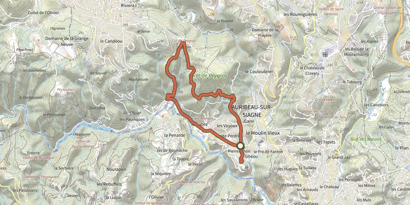 Carte du tracé de Circuit de Peygros sur le Plan IGN, départ et points de passage numérotés