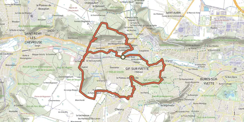 Map of the Entre Plateau et Vallée à Gif track on the IGN map, with the start and numbered waypoints
