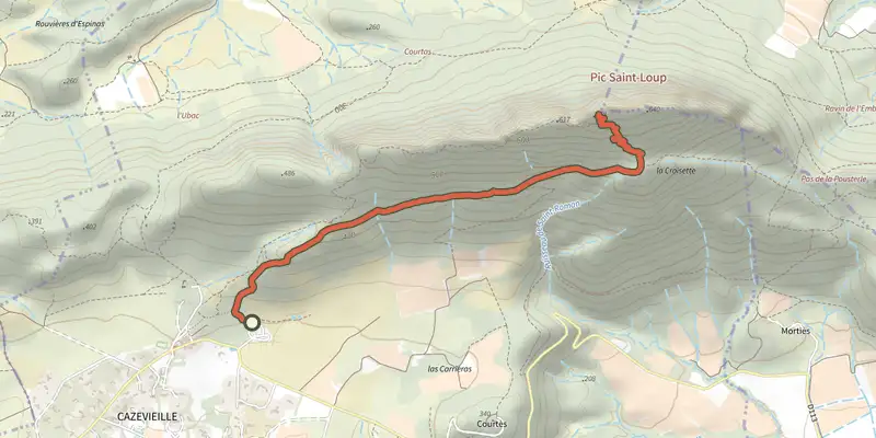 Carte du tracé de Le Pic Saint-Loup sur le Plan IGN, départ et points de passage numérotés
