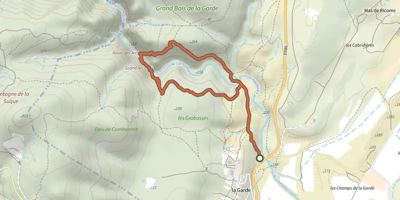 Carte du tracé de Le Ravin des Arcs sur le Plan IGN, départ et points de passage numérotés