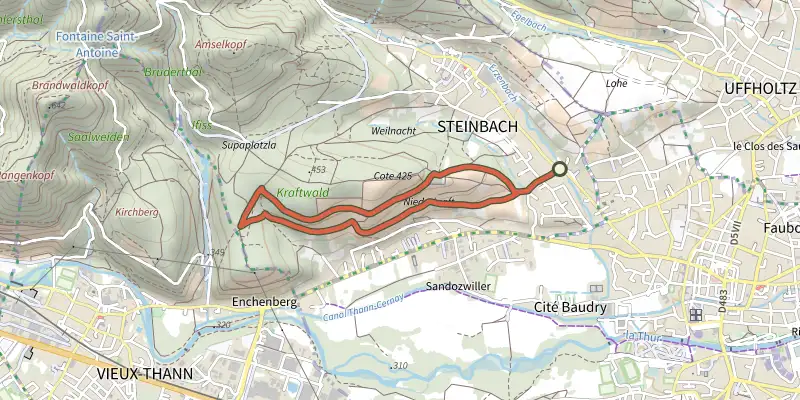 Carte du tracé de Le sentier viticole "Cote 425" sur le Plan IGN, départ et points de passage numérotés