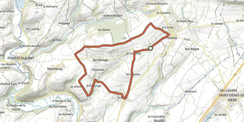 Carte du tracé de Des Monts et Bruyères sur le Plan IGN, départ et points de passage numérotés