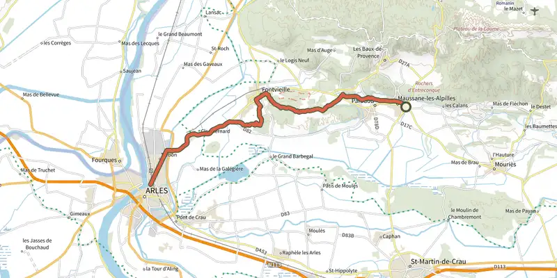 Map of the Chemin pastoral de Arles à Maussane-les-Alpilles track on the IGN map, with the start and numbered waypoints