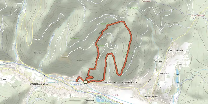 Map of the Du chemin creux au Langrucken track on the IGN map, with the start and numbered waypoints
