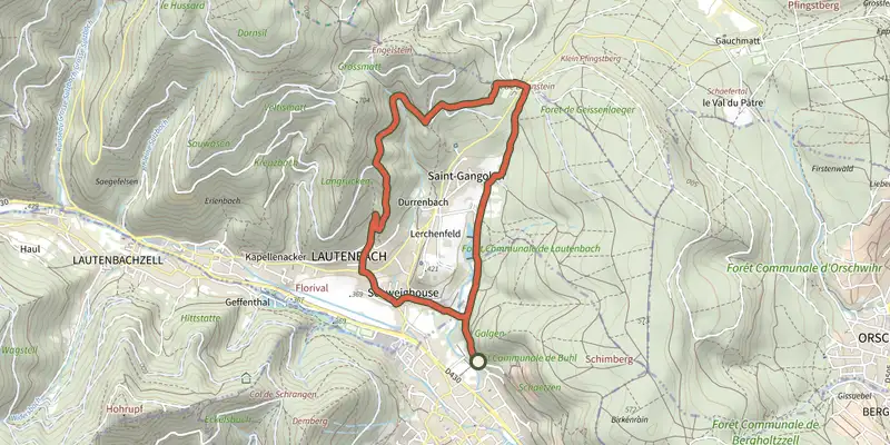 Carte du tracé de Circuit entre grès et granit sur le Plan IGN, départ et points de passage numérotés