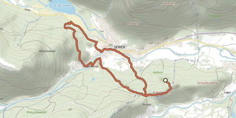 Carte du tracé de Circuit du Huhfels sur le Plan IGN, départ et points de passage numérotés