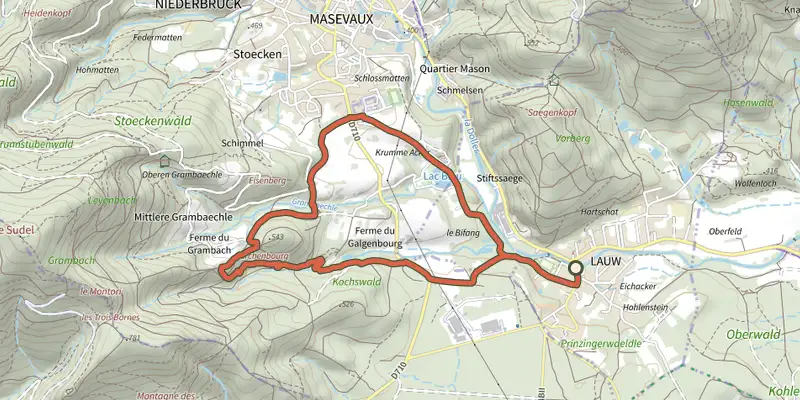 Carte du tracé de Circuit de Lauw sur le Plan IGN, départ et points de passage numérotés