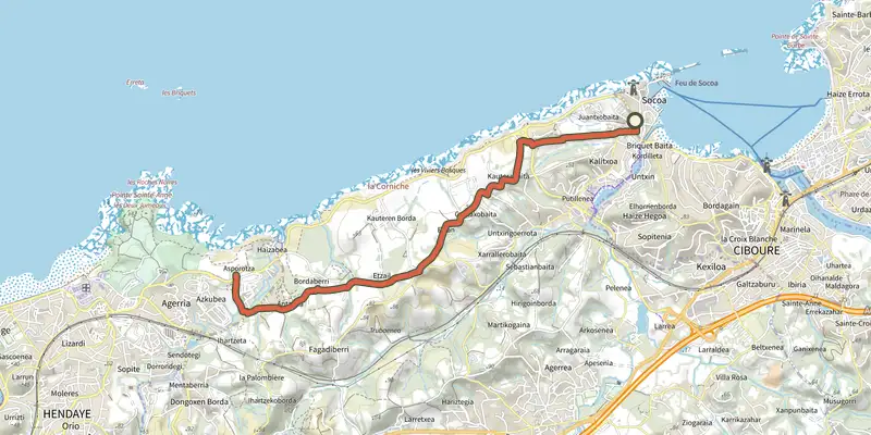 Map of the Sentier Littoral Bidart-Hendaye : tracé temporaire track on the IGN map, with the start and numbered waypoints